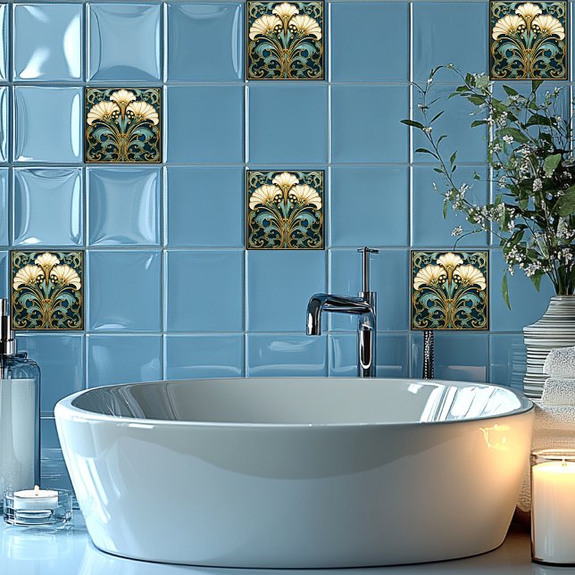 Art Deco Vit Blomma Blå Turkos Guld Kakelplatta (Skapare uppladdad)