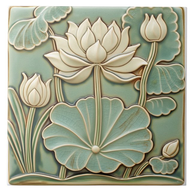 Art Deco Vit Näckros Kakelplatta (Framsidan)