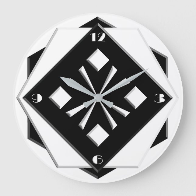 Art Deco vit på svart geometrisk mönster Stor Klocka (Framsida)