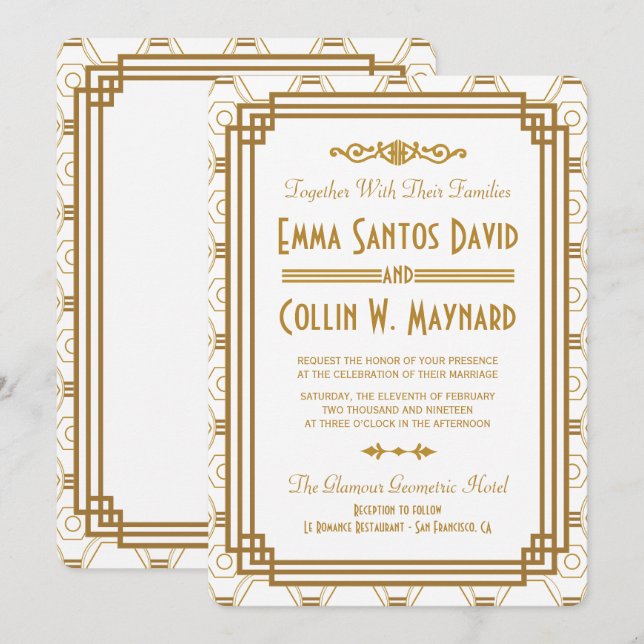 Art Deco Vita bröllopsinbjudningar Inbjudningar (Fram/baksida)