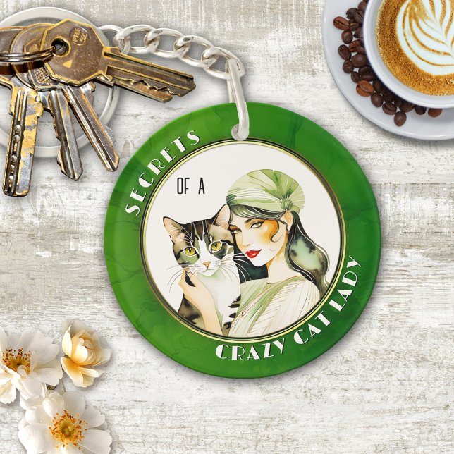 Art Deco Watercolor Crazy Cat Dam Keychain (Keychain featuring a watercolor painting in art deco Gatsby style of a mysterious lady with her cat)