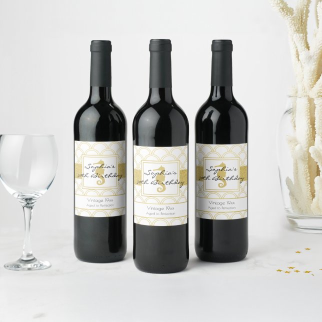 Art Deco Wave Guld Glitter Seahorse Birthday Vinflaska Etikett (Skapare uppladdad)