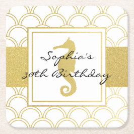 Art Deco Wave Guld Glitter Seahorse Födelsedagsfes Underlägg Papper Kvadrat