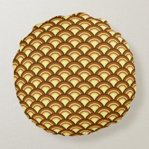 Art Deco wave mönster - choklad och gult Rund Kudde