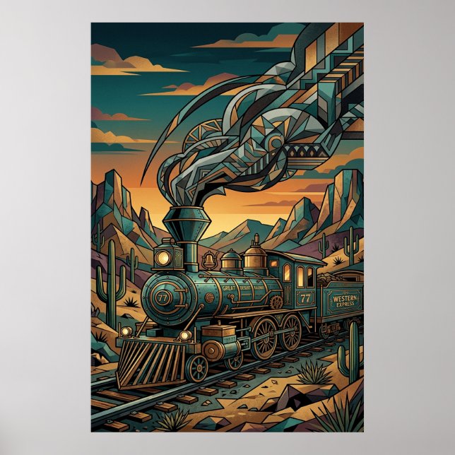 Art Deco Western Express Affisch - Geometrisk Tåg (Framsidan)