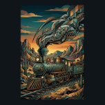 Art Deco Western Express Train, Geometric Wall Art Poster<br><div class="desc">Art Deco Western Express train wall art featuring a stylized steam locomotive crossing a rugged desert landscape with geometric mountains and saguaro cacti. Intricate Art Deco patterns in the smoke trails and engine details are rendered in deep teal, bronze, and golden sunset tones. Perfect for train enthusiasts, vintage travel lovers,...</div>