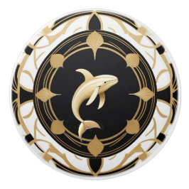 Art Deco Whale Black White Guld Knopp