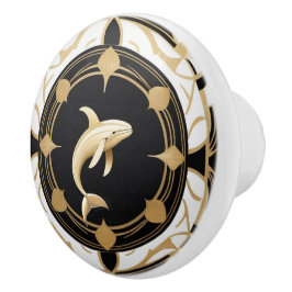 Art Deco Whale Black White Guld Knopp