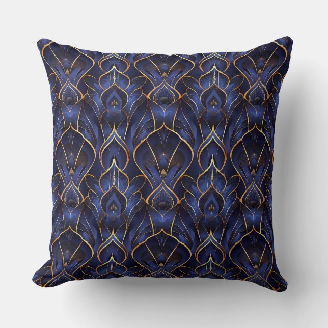 Art Deco Whimsical Vintage Blue-Blommönster Kudde (Framsida)