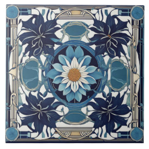 Art Deco White Daisy Flower Art nouveau Blue Kakelplatta