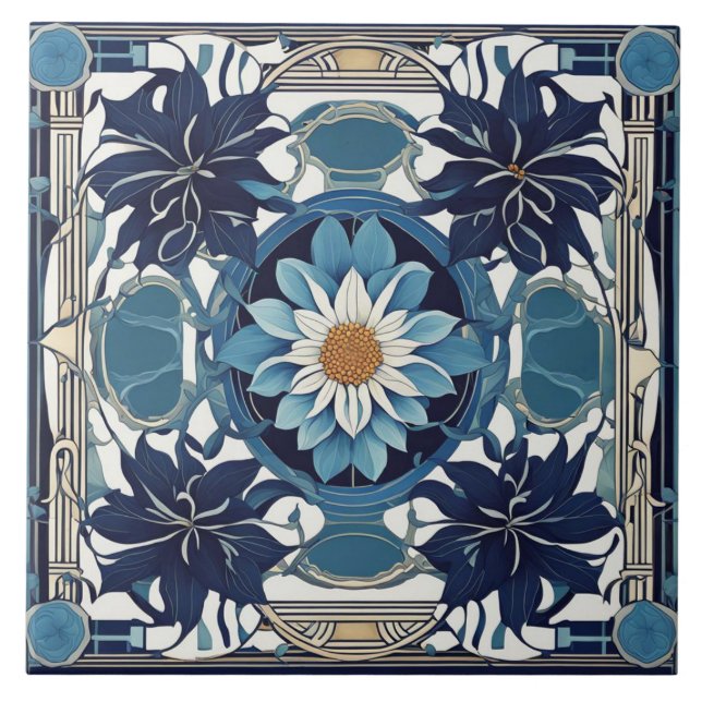 Art Deco White Daisy Flower Art nouveau Blue Kakelplatta (Framsidan)