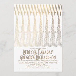 Art Deco White och Guld Elegant Geometric Bröllop Inbjudningar