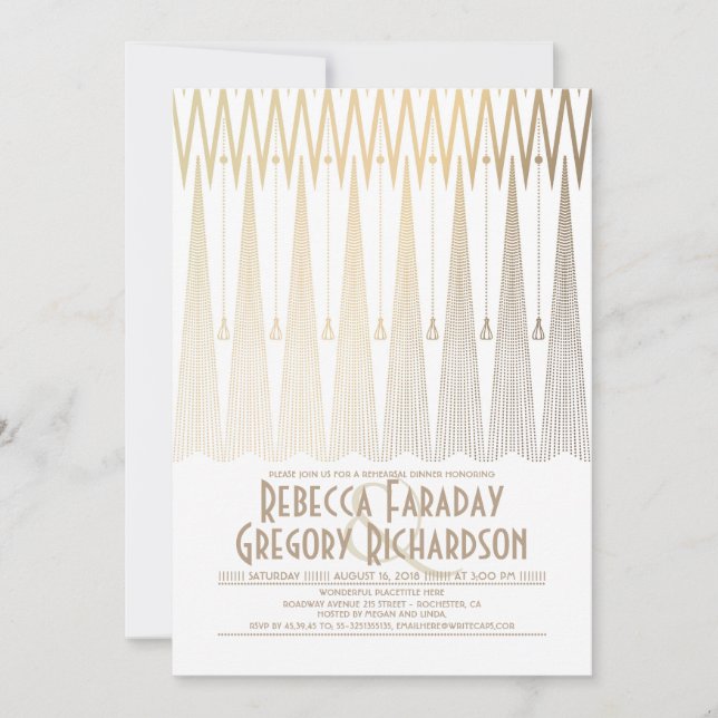 Art Deco White och Guld Gatsby Rehearsal Dinner Inbjudningar (Framsida)