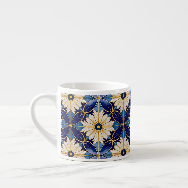 Art Deco White Petals Blue Guld Blommönster Espressomugg (Vänster)