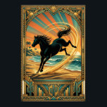 Art Deco Wild Horse Beach Sunset Teal Orange Poster<br><div class="desc">Capture the untamed spirit of the frontier with this dynamic Art Deco illustration. A powerful black horse leaps across a sandy beach with stylized ocean waves in the background. Framed by a radiant teal and orange sunburst and an intricate geometric border featuring cactus motifs, this piece perfectly bridges the gap...</div>
