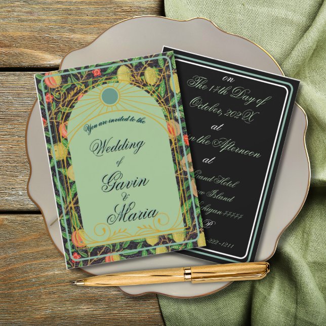 Art Deco William Morris Blommigt Guld Tone Fruit Inbjudningar (Skapare uppladdad)