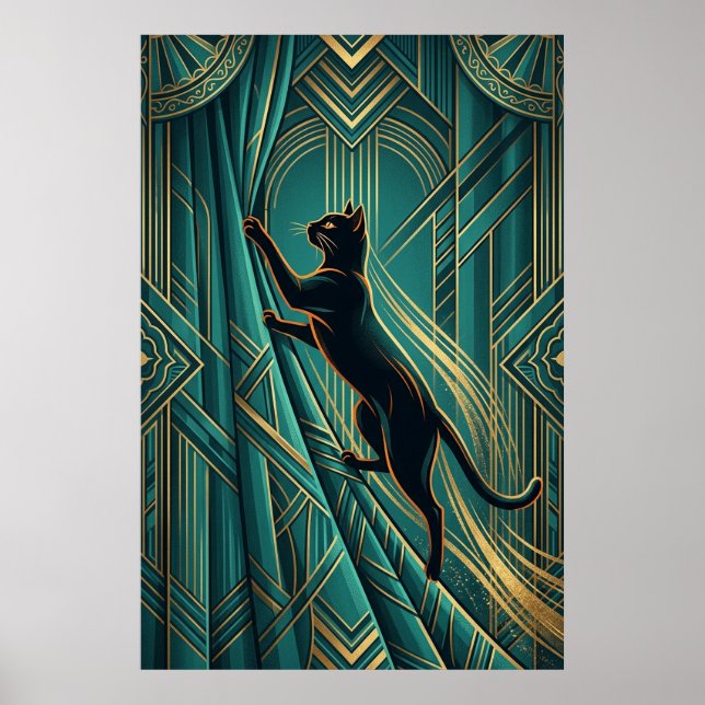 Art Deco Windowsill Black Cat Wall Art Poster (Framsidan)