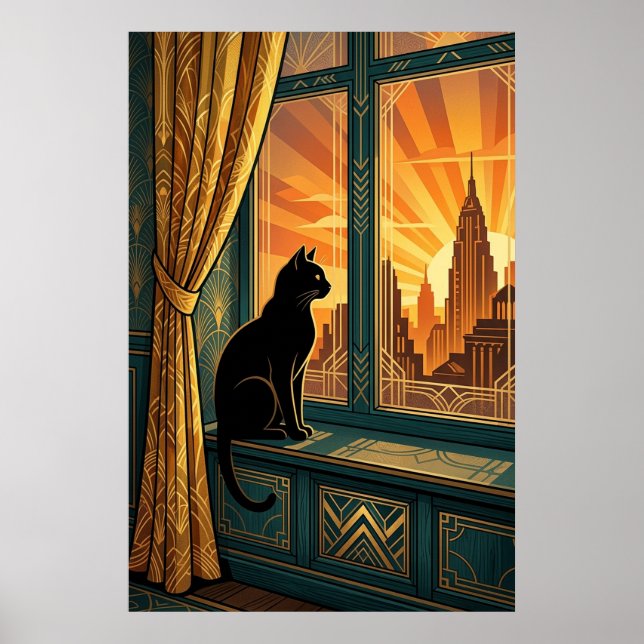 Art Deco Windowsill Gazing Cat Wall Art Poster (Framsidan)