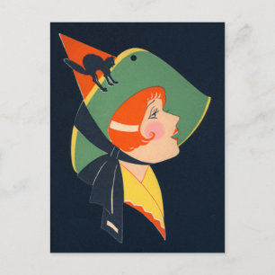 Art Deco Witch Black Cat Vykort