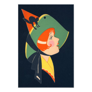 Art Deco Witch Hat Black Cat Fototryck