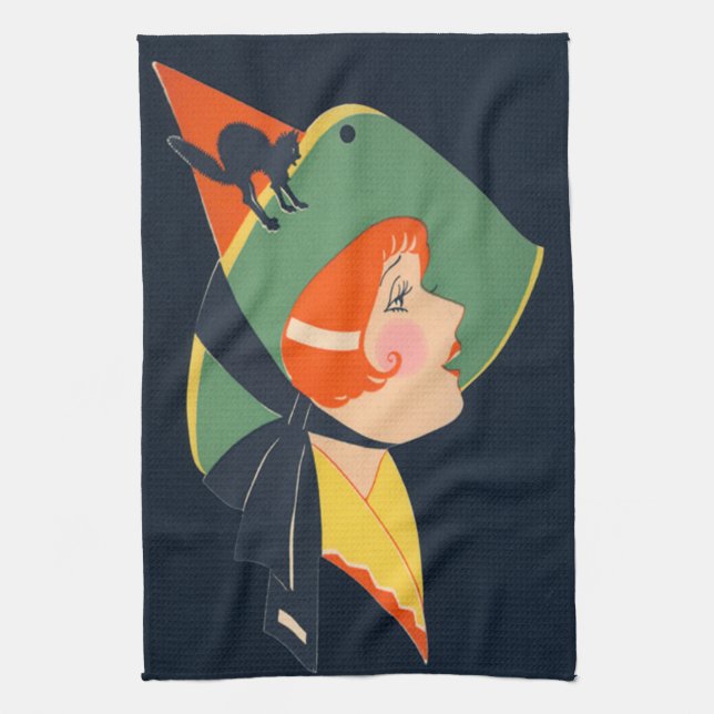 Art Deco Witch Hat Black Cat Kökshandduk (Vertikal)