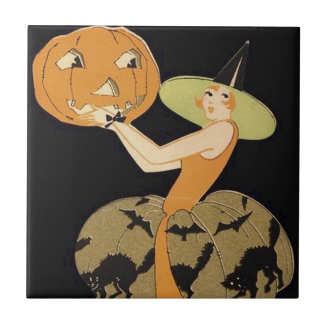 Art Deco Witch Jack o lantern Pumpkin Black Cat Kakelplatta (Framsidan)