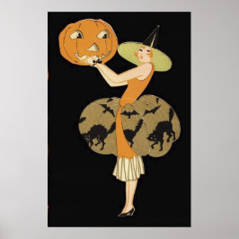 Art Deco Witch Jack o lantern Pumpkin Black Cat Poster