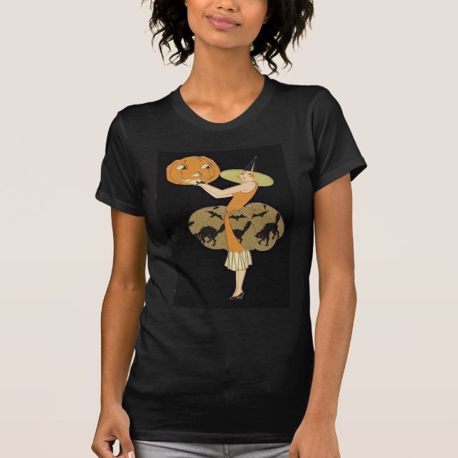 Art Deco Witch Jack o lantern Pumpkin Black Cat Tee Shirt (Framsida)
