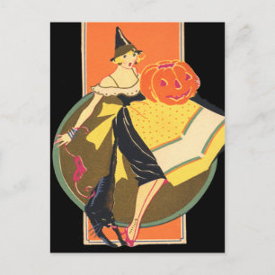 Art Deco Witch Jack o lantern Pumpkin Black Cat Vykort