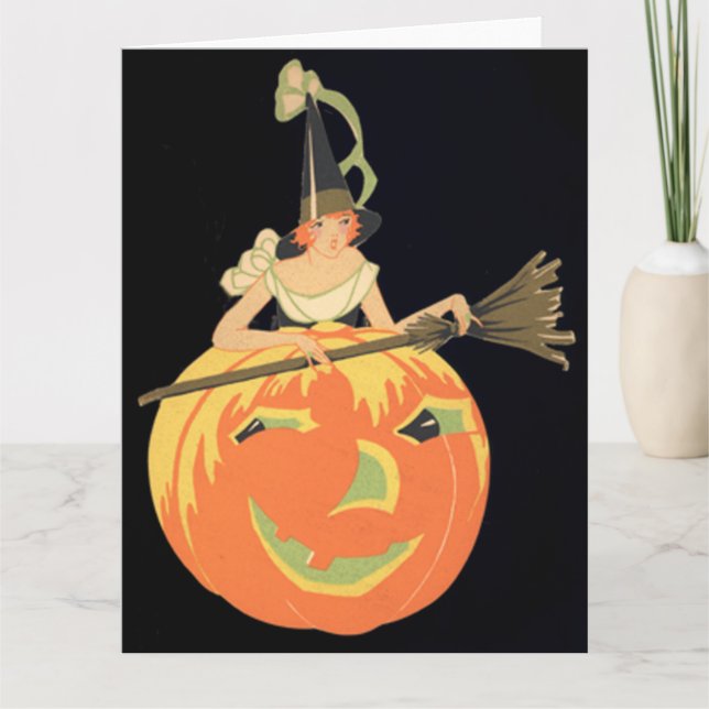 Art Deco Witch Jack o lantern Pumpkin Broom Kort (Framsida)