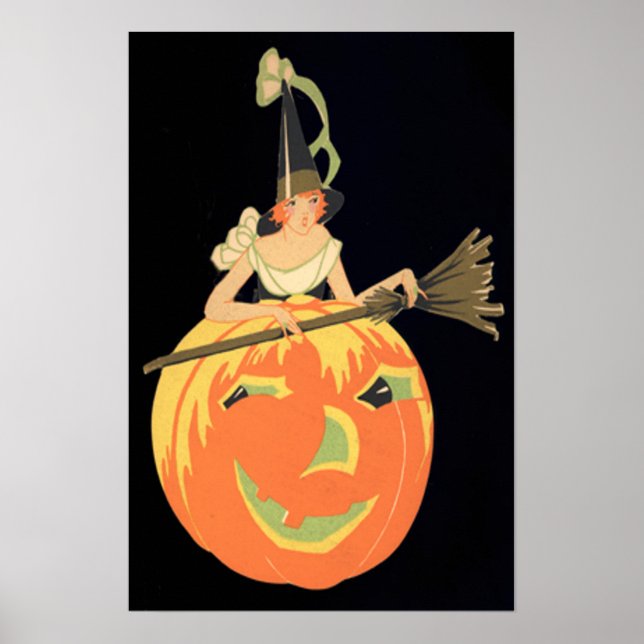 Art Deco Witch Jack o lantern Pumpkin Broom Poster (Framsidan)