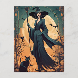Art Deco Witch med svart katt och full måne Vykort