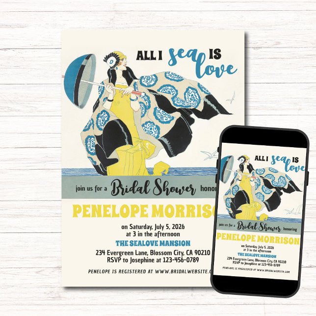 Art Deco Woman i Kärlek vid Sea Möhippa Inbjudningar (Skapare uppladdad)