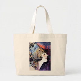 Art Deco Woman i Scarf Large Tote Bag Jumbo Tygkasse