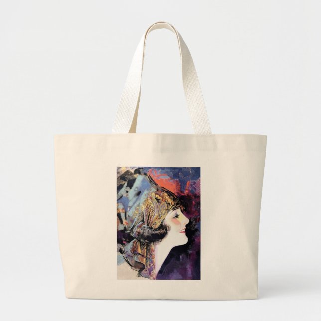Art Deco Woman i Scarf Large Tote Bag Jumbo Tygkasse (Framsidan)