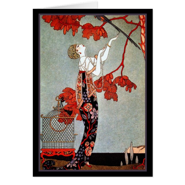Art Deco Woman och Parrot Hälsningskort (Framsidan)