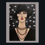Art Deco Woman Poster<br><div class="desc">Ursprunglig akrylmålning av en stiliserad och vacker porträtt av en kvinna från konsthugeran. En helt elegant dam klädd i svart, med en svart hatt och ett stort halshet. Blommigtens bakgrund utökar porträtt.</div>