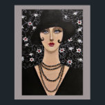 Art Deco Woman Poster<br><div class="desc">Ursprunglig akrylmålning av en stiliserad och vacker porträtt av en kvinna från konsthugeran. En helt elegant dam klädd i svart,  med en svart hatt och ett stort halshet. Blommigtens bakgrund utökar porträtt.</div>