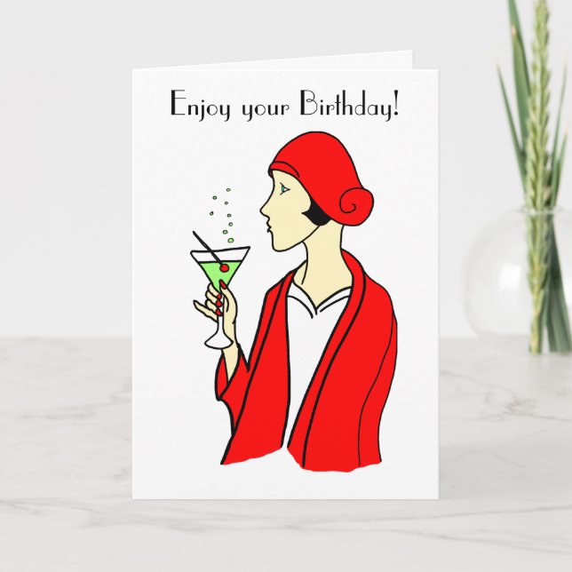 Art Deco Woman Red Hat Birthday Card Kort (Framsida)