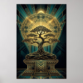 Art Deco Zen Bonsaiträd Mandala Guld Teal Affisch