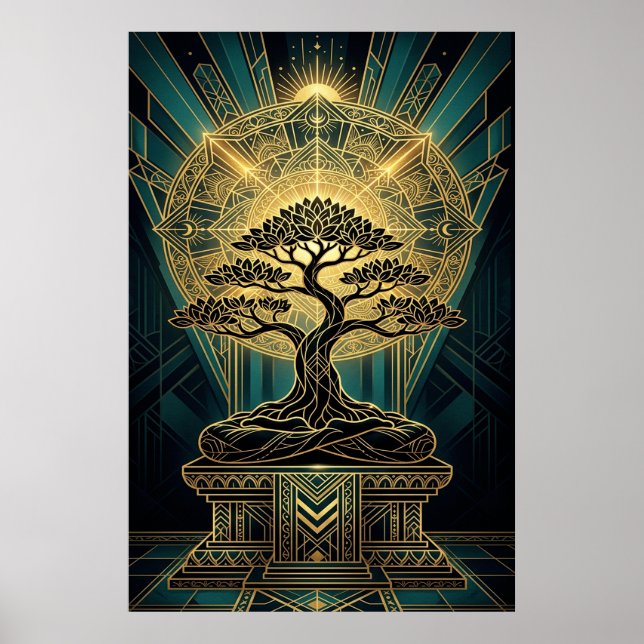 Art Deco Zen Bonsaiträd Mandala Guld Teal Affisch (Framsidan)