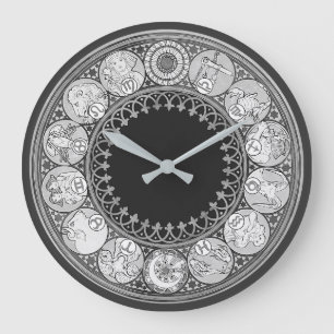 Art Deco Zodiac-tecken Silver Grått Stor Klocka