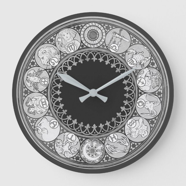 Art Deco Zodiac-tecken| Silver Grått Stor Klocka (Framsida)