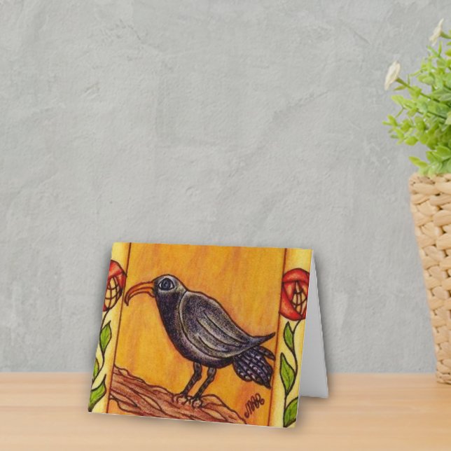 Art décokråka Notecard Kort (Black crow on branch red abstract flowers on golden yellow notecards.)