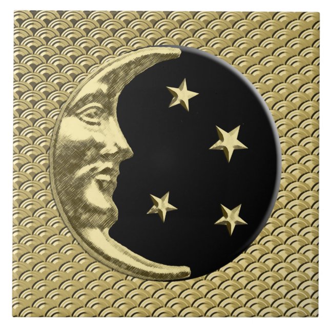 Art décomåne och stjärnor - svart och guld kakelplatta (Framsidan)