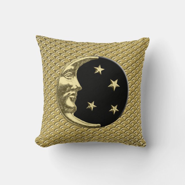 Art décomåne och stjärnor - svart och guld kudde (Framsida)
