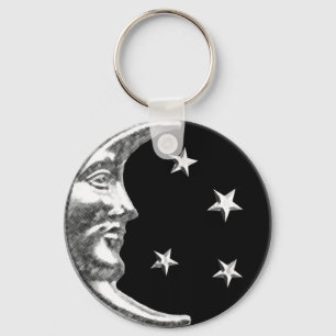 Art décomåne och stjärnor - svart och silver nyckelring