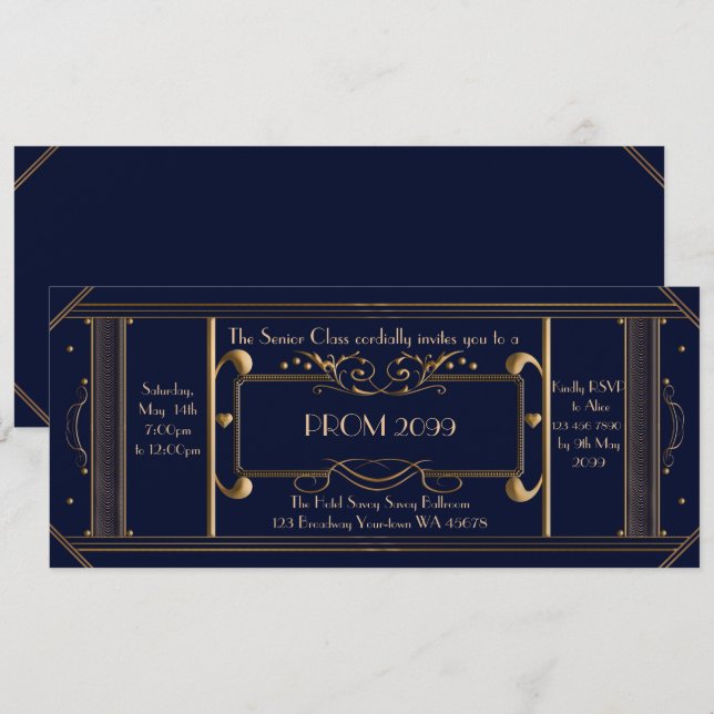 art décostudentbalbiljett, yngre studentbal, hög inbjudningar (Fram/baksida)