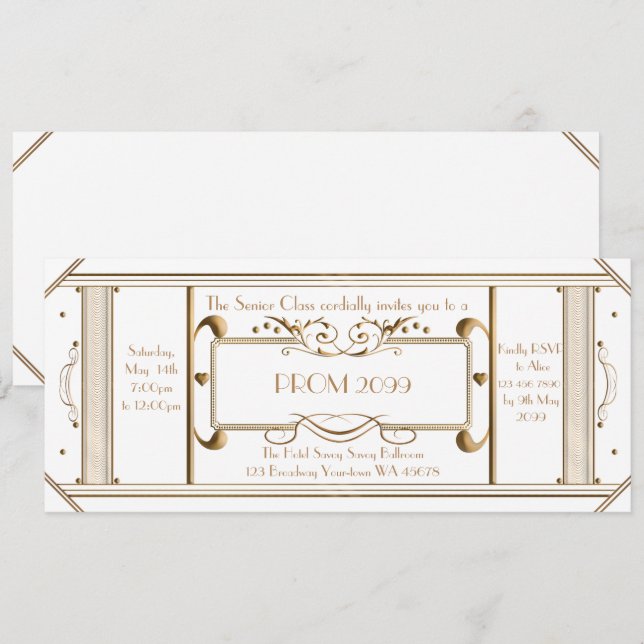 art décostudentbalbiljett, yngre studentbal, hög inbjudningar (Fram/baksida)