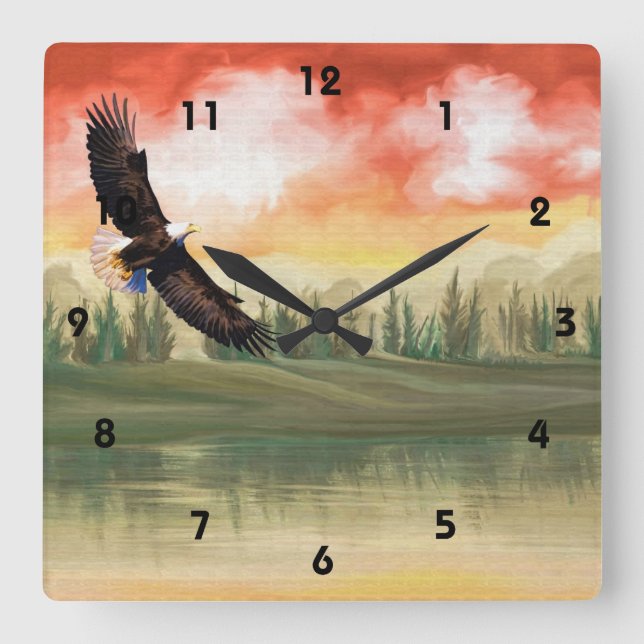 Art Eagle Soaring Sjö Wall Clock Fyrkantig Klocka (Framsida)
